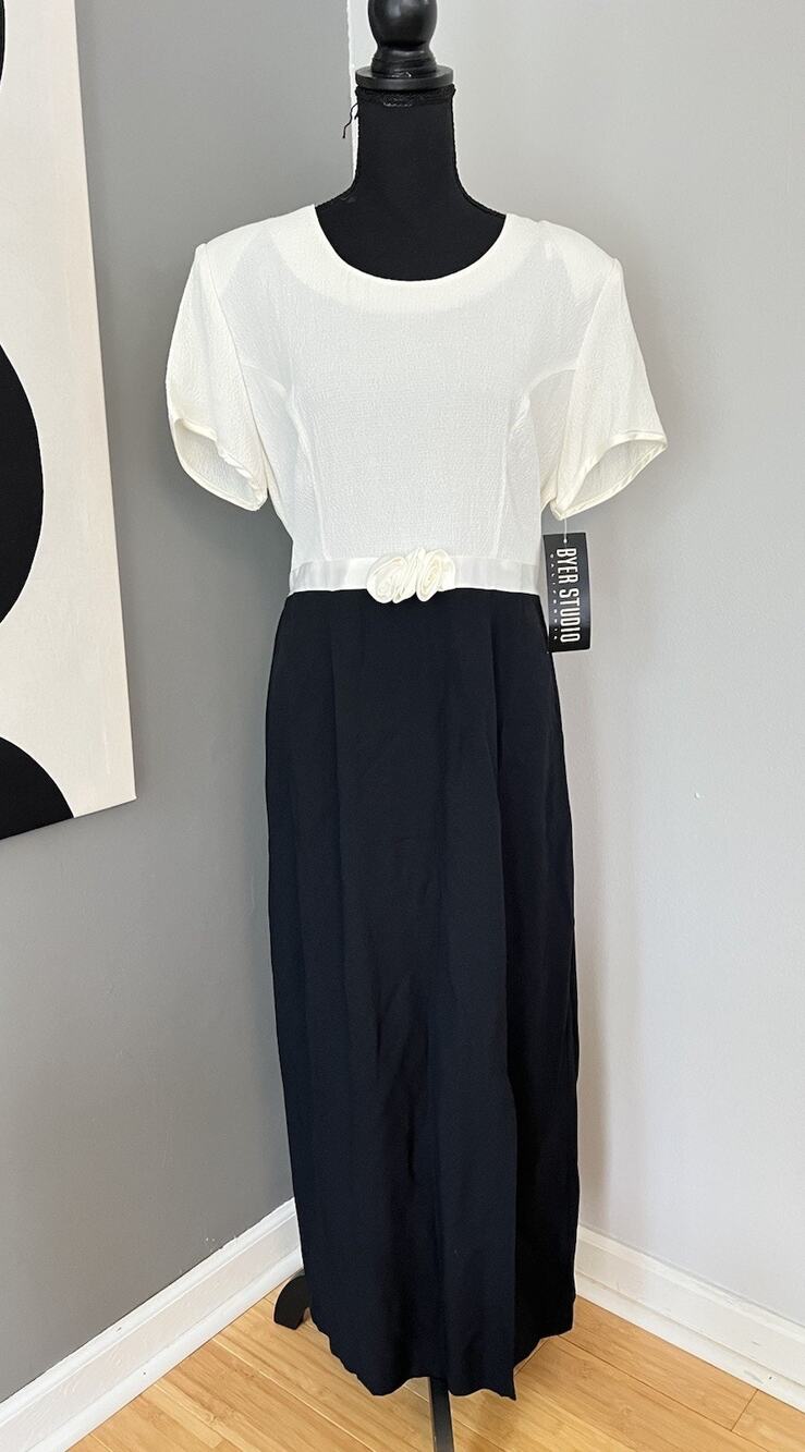 Vintage Byer Studio Dress Womens Size 14 Black White 90s Maxi Large Modest USA